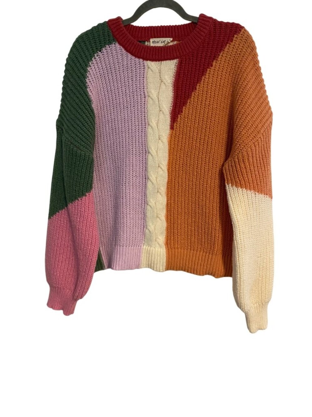 New In Women's M Multicolor Sweater Patchwork Cable Knit Long Sleeves Boho NEW
